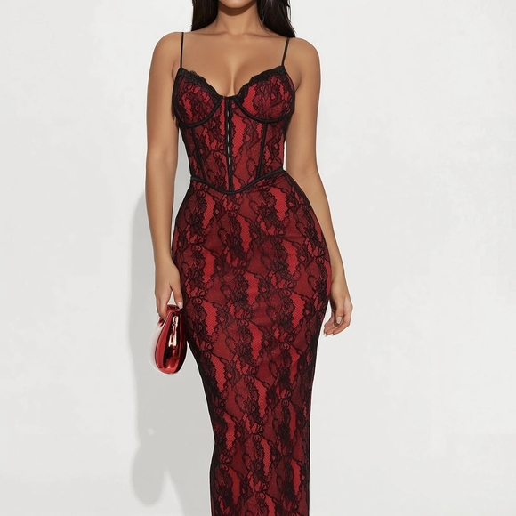 Fashion Nova Dresses & Skirts - Fashion Nova Red and Black Lace Maxi Dress